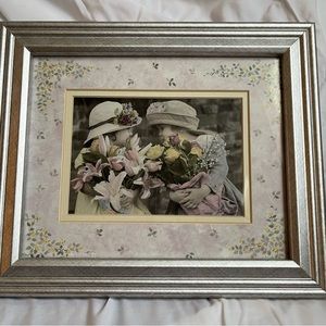 Framed art vintage look 2 little girls with flowers